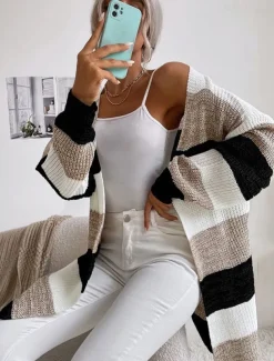 Women's Cardigan Fashion Daily Casual Striped Print Open Front Knitted Long Sleeve Long Tops Knit Work Black Gray Fall Winter