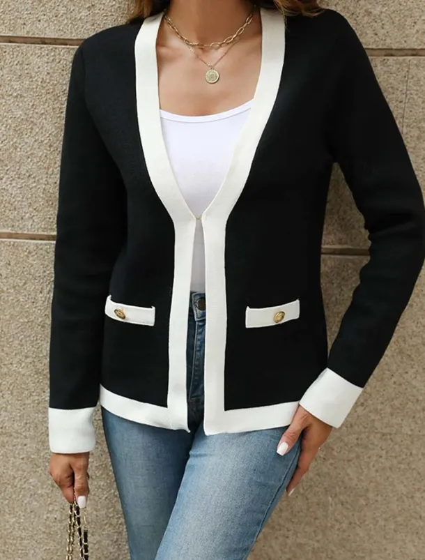 Women's Cardigan Fashion Daily Color Block V Neck Knitted Long Sleeve Regular Tops Knit Work White / Black Hot Pink Fall Winter