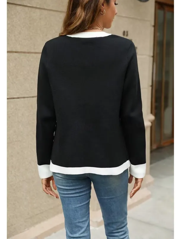 Women's Cardigan Fashion Daily Color Block V Neck Knitted Long Sleeve Regular Tops Knit Work White / Black Hot Pink Fall Winter