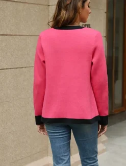 Women's Cardigan Fashion Daily Color Block V Neck Knitted Long Sleeve Regular Tops Knit Work White / Black Hot Pink Fall Winter