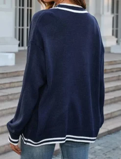 Women's Cardigan Fashion Streetwear Daily Color Block Open Front Knitted Long Sleeve Long Tops Knit Work White Navy Blue Fall Winter