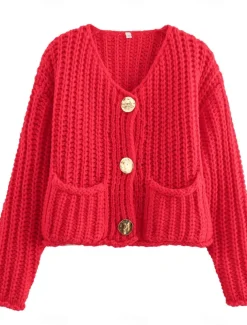 Women's Cardigan Fashion Streetwear Daily Solid Color Chunky Crew Neck Knitted Long Sleeve Cropped Knit Work Going out White Red Fall Winter