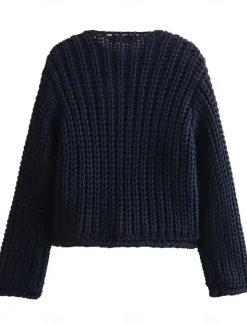 Women's Cardigan Fashion Streetwear Daily Solid Color Chunky Crew Neck Knitted Long Sleeve Cropped Knit Work Going out White Red Fall Winter