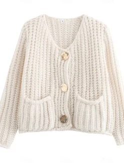 Women's Cardigan Fashion Streetwear Daily Solid Color Chunky Crew Neck Knitted Long Sleeve Cropped Knit Work Going out White Red Fall Winter