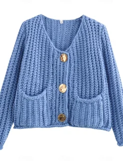 Women's Cardigan Fashion Streetwear Daily Solid Color Chunky Crew Neck Knitted Long Sleeve Cropped Knit Work Going out White Red Fall Winter