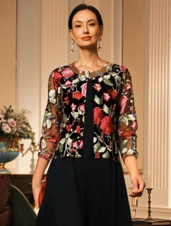 Women's Cardigan Lace Embroidered Elegant Basic Casual Floral Formal Short Crewneck Loose Fit 3/4 Length Sleeve Outerwear Navy Blue Summer Spring