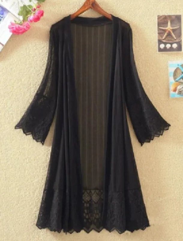 Women's Cardigan Lace Solid Color Basic Casual Lace Long Sleeve Loose Sweater Cardigans Open Front Spring Summer White Black / Holiday