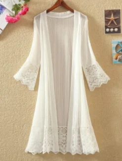 Women's Cardigan Lace Solid Color Basic Casual Lace Long Sleeve Loose Sweater Cardigans Open Front Spring Summer White Black / Holiday