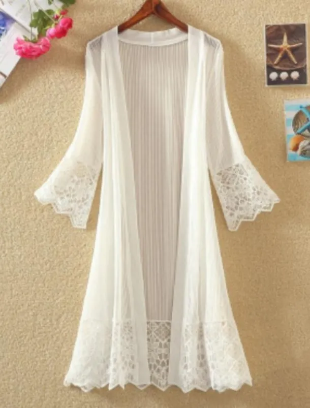 Women's Cardigan Lace Solid Color Basic Casual Lace Long Sleeve Loose Sweater Cardigans Open Front Spring Summer White Black / Holiday