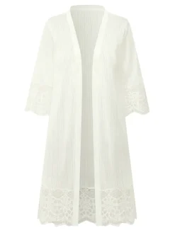 Women's Cardigan Lace Solid Color Basic Casual Lace Long Sleeve Loose Sweater Cardigans Open Front Spring Summer White Black / Holiday