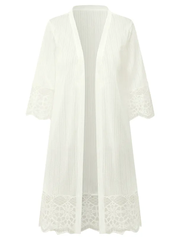 Women's Cardigan Lace Solid Color Basic Casual Lace Long Sleeve Loose Sweater Cardigans Open Front Spring Summer White Black / Holiday