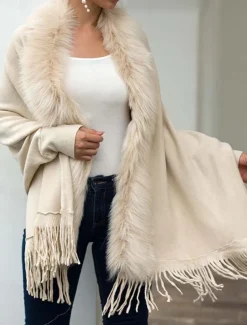 Women's Cardigan Open Front Knit Tassel Fur Fall Winter Formal Outdoor Elegant Fashion Long Sleeve Solid Color Khaki Beige
