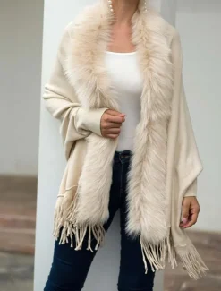 Women's Cardigan Open Front Knit Tassel Fur Fall Winter Formal Outdoor Elegant Fashion Long Sleeve Solid Color Khaki Beige