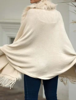 Women's Cardigan Open Front Knit Tassel Fur Fall Winter Formal Outdoor Elegant Fashion Long Sleeve Solid Color Khaki Beige