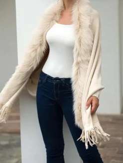 Women's Cardigan Open Front Knit Tassel Fur Fall Winter Formal Outdoor Elegant Fashion Long Sleeve Solid Color Khaki Beige