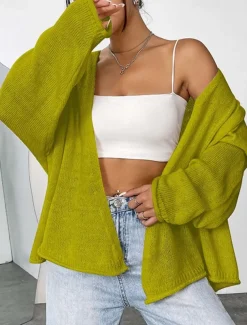 Women's Cardigan Streetwear Daily Casual Solid Color Open Front Knitted Long Sleeve Long Tops Knit Home Work Brown Green Fall Winter