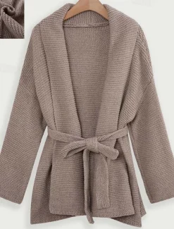 Women's Cardigan Streetwear Daily Solid Color Open Front Knitted Textured Long Sleeve Regular Tops Knit Outdoor Black Khaki Fall Winter