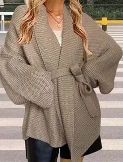 Women's Cardigan Streetwear Daily Solid Color Open Front Knitted Textured Long Sleeve Regular Tops Knit Outdoor Black Khaki Fall Winter