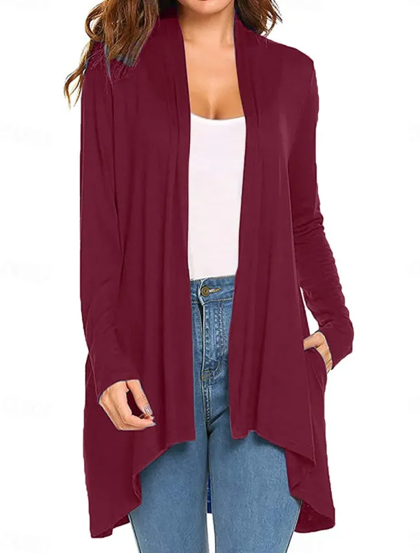 Women's Cardigan Sweater Cardigan Stylish Casual Soft Solid Color Ribbed Open Front Pocket Long Sleeve Long Tops Knit Outdoor Daily Weekend Black White Summer Fall