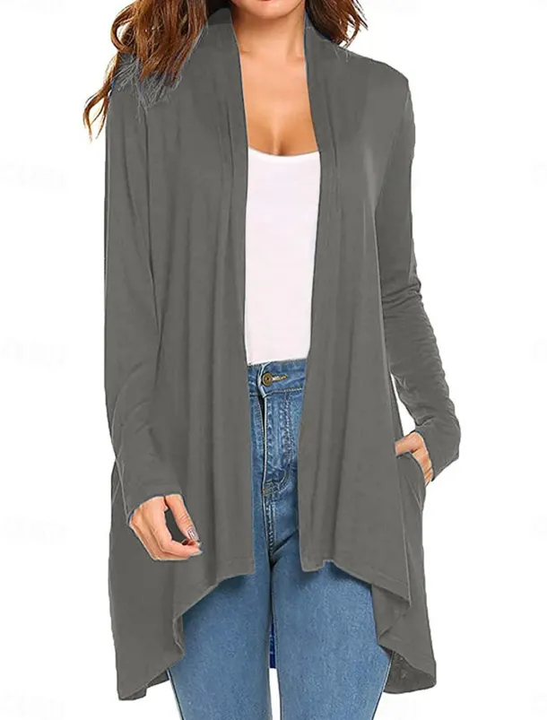 Women's Cardigan Sweater Cardigan Stylish Casual Soft Solid Color Ribbed Open Front Pocket Long Sleeve Long Tops Knit Outdoor Daily Weekend Black White Summer Fall