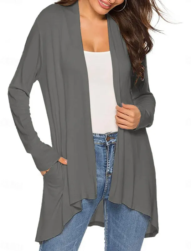 Women's Cardigan Sweater Cardigan Stylish Casual Soft Solid Color Ribbed Open Front Pocket Long Sleeve Long Tops Knit Outdoor Daily Weekend Black White Summer Fall