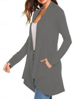 Women's Cardigan Sweater Cardigan Stylish Casual Soft Solid Color Ribbed Open Front Pocket Long Sleeve Long Tops Knit Outdoor Daily Weekend Black White Summer Fall