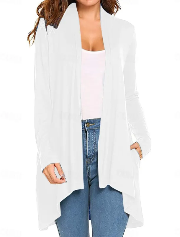 Women's Cardigan Sweater Cardigan Stylish Casual Soft Solid Color Ribbed Open Front Pocket Long Sleeve Long Tops Knit Outdoor Daily Weekend Black White Summer Fall