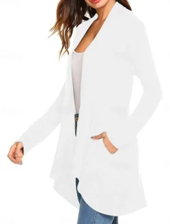 Women's Cardigan Sweater Cardigan Stylish Casual Soft Solid Color Ribbed Open Front Pocket Long Sleeve Long Tops Knit Outdoor Daily Weekend Black White Summer Fall