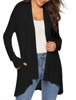 Women's Cardigan Sweater Cardigan Stylish Casual Soft Solid Color Ribbed Open Front Pocket Long Sleeve Long Tops Knit Outdoor Daily Weekend Black White Summer Fall