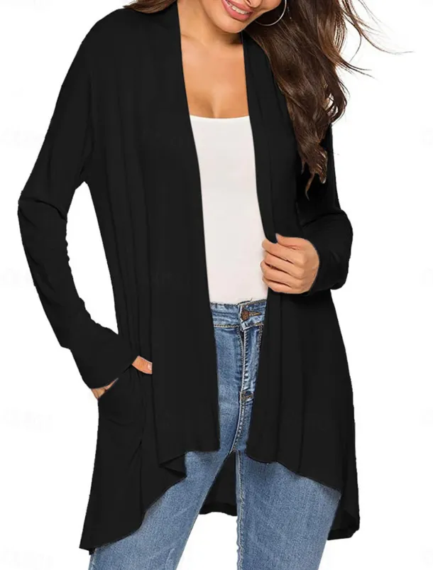 Women's Cardigan Sweater Cardigan Stylish Casual Soft Solid Color Ribbed Open Front Pocket Long Sleeve Long Tops Knit Outdoor Daily Weekend Black White Summer Fall