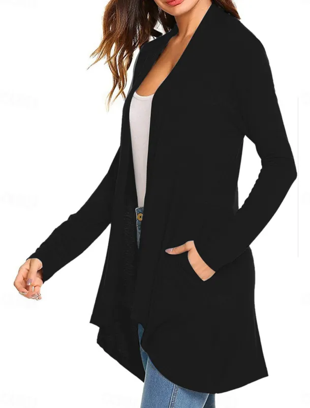 Women's Cardigan Sweater Cardigan Stylish Casual Soft Solid Color Ribbed Open Front Pocket Long Sleeve Long Tops Knit Outdoor Daily Weekend Black White Summer Fall