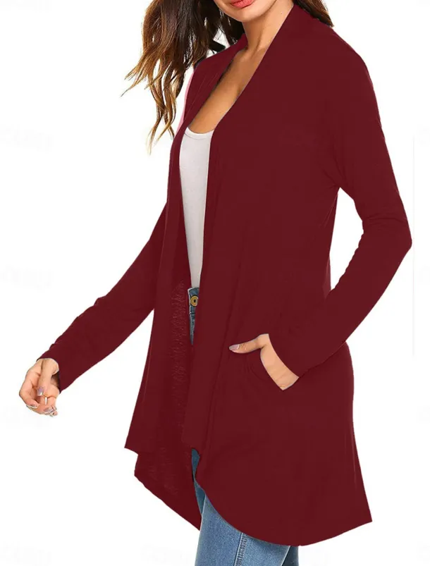 Women's Cardigan Sweater Cardigan Stylish Casual Soft Solid Color Ribbed Open Front Pocket Long Sleeve Long Tops Knit Outdoor Daily Weekend Black White Summer Fall