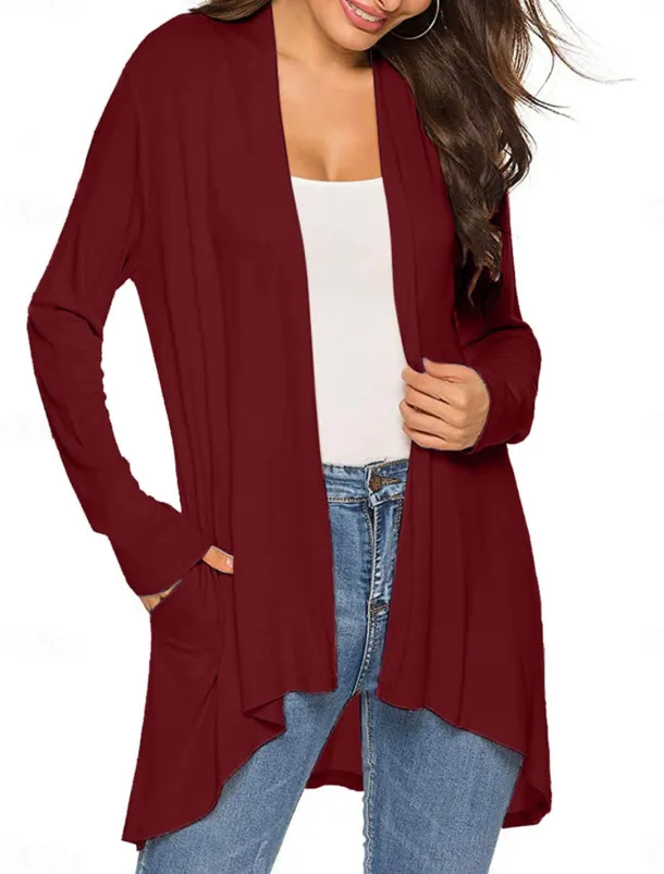 Women's Cardigan Sweater Cardigan Stylish Casual Soft Solid Color Ribbed Open Front Pocket Long Sleeve Long Tops Knit Outdoor Daily Weekend Black White Summer Fall