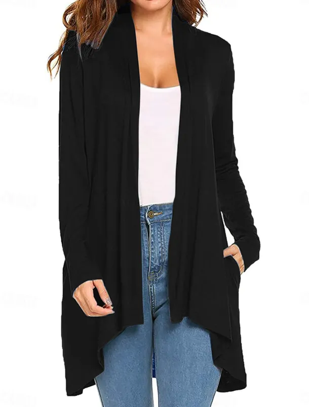 Women's Cardigan Sweater Cardigan Stylish Casual Soft Solid Color Ribbed Open Front Pocket Long Sleeve Long Tops Knit Outdoor Daily Weekend Black White Summer Fall
