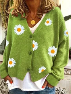 Women's Cardigan Sweater Elegant Stylish Casual Daisy Maillard Ribbed Open Front Patchwork Embroidery Long Sleeve Regular Tops Knit Daily Black Yellow Winter