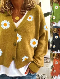 Women's Cardigan Sweater Elegant Stylish Casual Daisy Maillard Ribbed Open Front Patchwork Embroidery Long Sleeve Regular Tops Knit Daily Black Yellow Winter