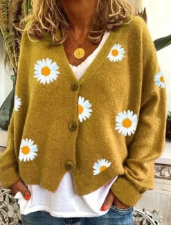 Women's Cardigan Sweater Elegant Stylish Casual Daisy Maillard Ribbed Open Front Patchwork Embroidery Long Sleeve Regular Tops Knit Daily Black Yellow Winter