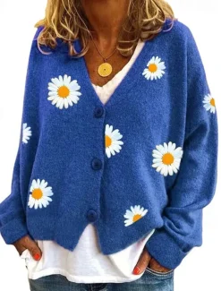 Women's Cardigan Sweater Elegant Stylish Casual Daisy Maillard Ribbed Open Front Patchwork Embroidery Long Sleeve Regular Tops Knit Daily Black Yellow Winter