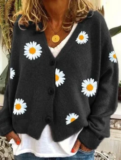 Women's Cardigan Sweater Elegant Stylish Casual Daisy Maillard Ribbed Open Front Patchwork Embroidery Long Sleeve Regular Tops Knit Daily Black Yellow Winter