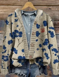 Women's Cardigan Sweater Knitted Ribbed Button Front Round Neck Long Sleeve Lightweight Elegant Fashion Streetwear Floral Hooded Buttons Regular Tops Knit Outdoor Daily Weekend Pink Blue Fall Winter