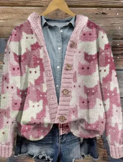 Women's Cardigan Sweater Knitted Ribbed Button Front Round Neck Long Sleeve Lightweight Elegant Fashion Streetwear Floral Hooded Buttons Regular Tops Knit Outdoor Daily Weekend Pink Blue Fall Winter