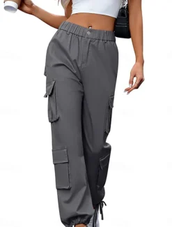Women's Cargo Pants Full Length Solid Color Black Khaki Gray Spring & Fall