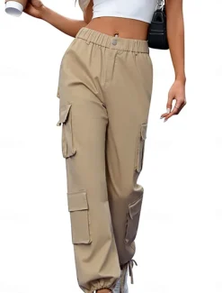 Women's Cargo Pants Full Length Solid Color Black Khaki Gray Spring & Fall