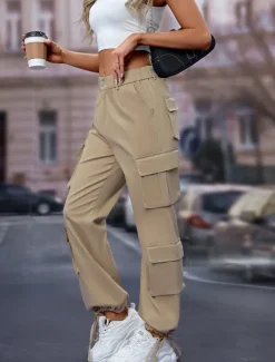 Women's Cargo Pants Full Length Solid Color Black Khaki Gray Spring & Fall