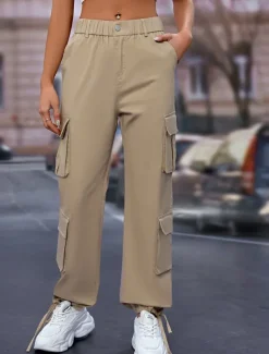 Women's Cargo Pants Full Length Solid Color Black Khaki Gray Spring & Fall