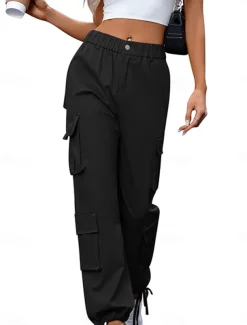Women's Cargo Pants Full Length Solid Color Black Khaki Gray Spring & Fall