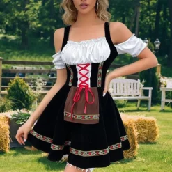 Women's Carnival Oktoberfest Dirndl Beer Costume with Shirt and Apron Bavarian Wiesn Traditional Style
