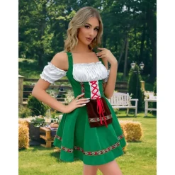 Women's Carnival Oktoberfest Dirndl Beer Costume with Shirt and Apron Bavarian Wiesn Traditional Style