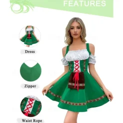 Women's Carnival Oktoberfest Dirndl Beer Costume with Shirt and Apron Bavarian Wiesn Traditional Style