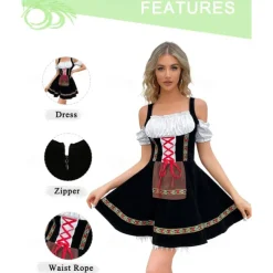 Women's Carnival Oktoberfest Dirndl Beer Costume with Shirt and Apron Bavarian Wiesn Traditional Style